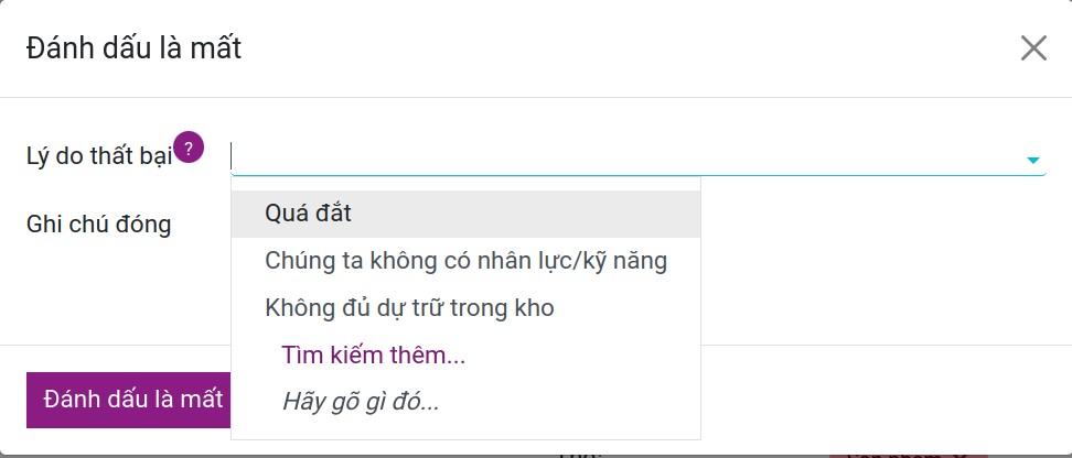 Chọn lý do thất bại crm - Viindoo