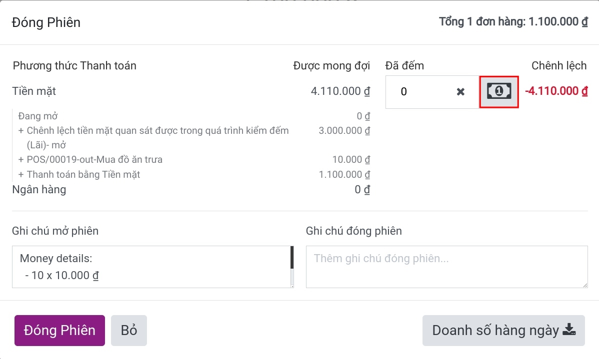 Chọn thiết lập tiền mặt