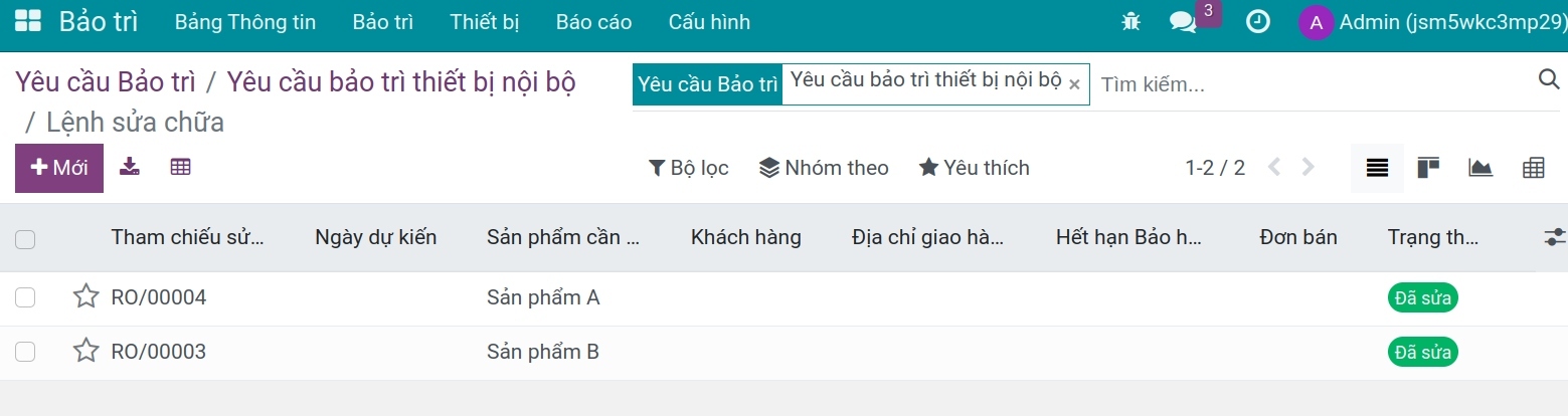 Danh sách lệnh sửa chữa gắn với yêu cầu bảo trì