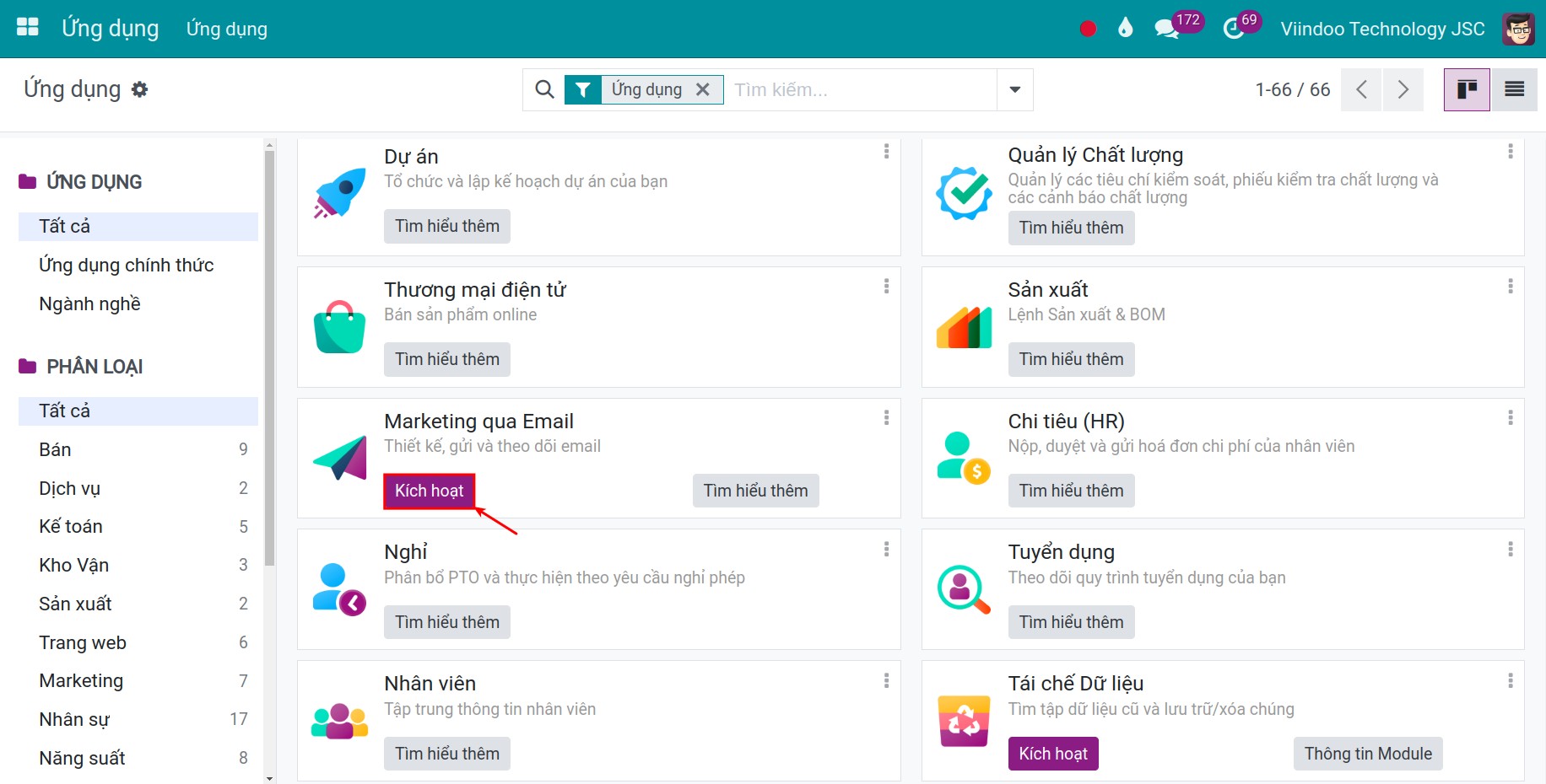 Giao diện ứng dụng Viindoo dạng Kanban