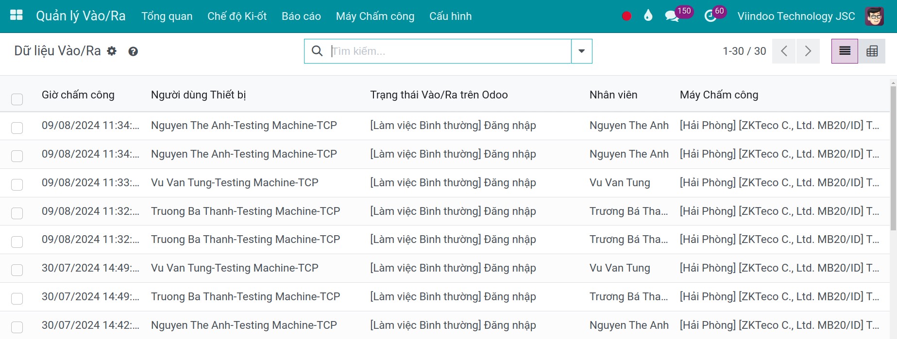 Giao diện quản lý Vào/Ra của máy chấm công