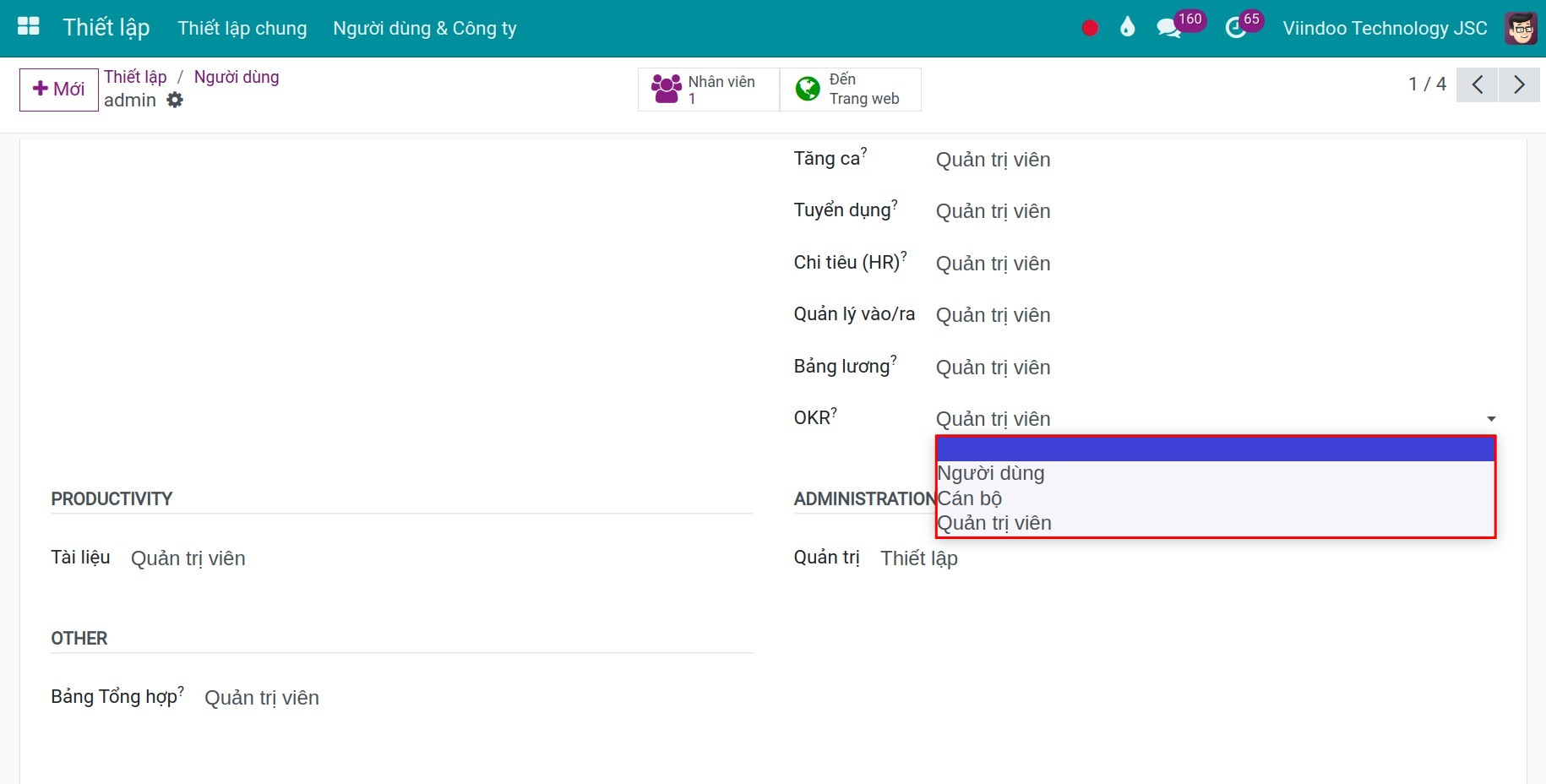 Thiết lập phân quyền người dùng