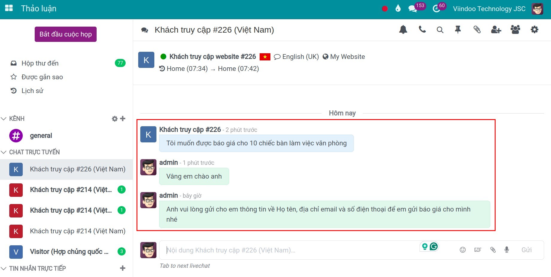 Tạo cơ hội bán hàng từ chat trực tuyến