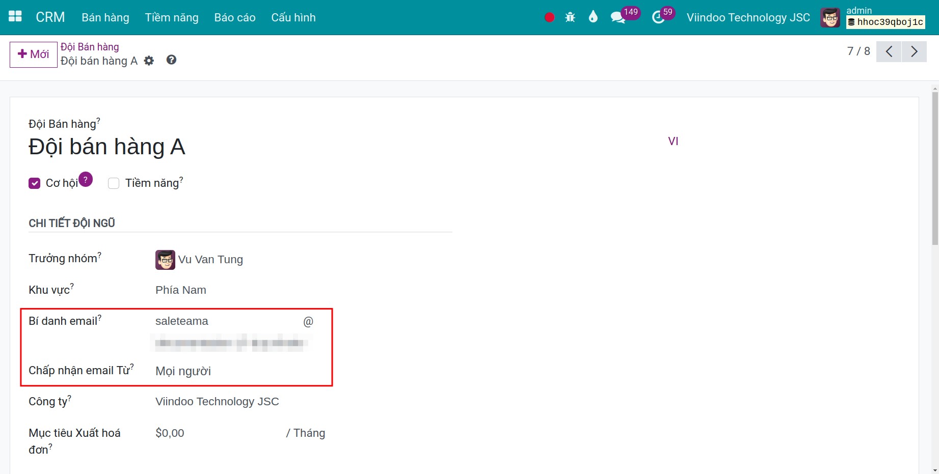 Thiết lập tạo Tiềm năng từ email theo Đội bán hàng trên crm - Viindoo