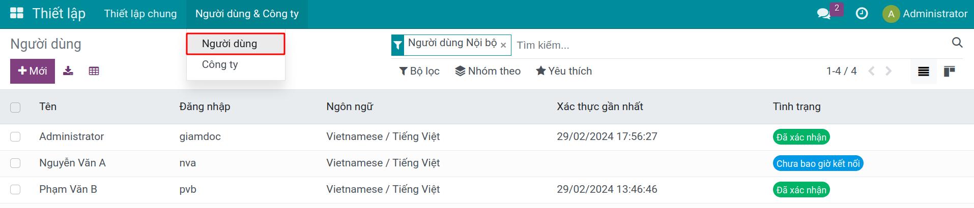 Truy cập danh sách người dùng hệ thống