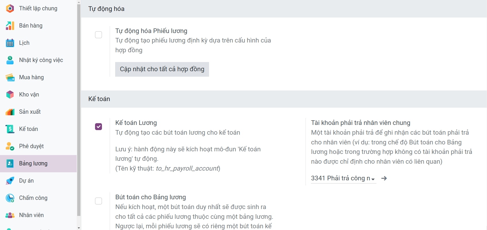 Bảng tính năng thiết lập cơ bản trong Bảng lương Viindoo
