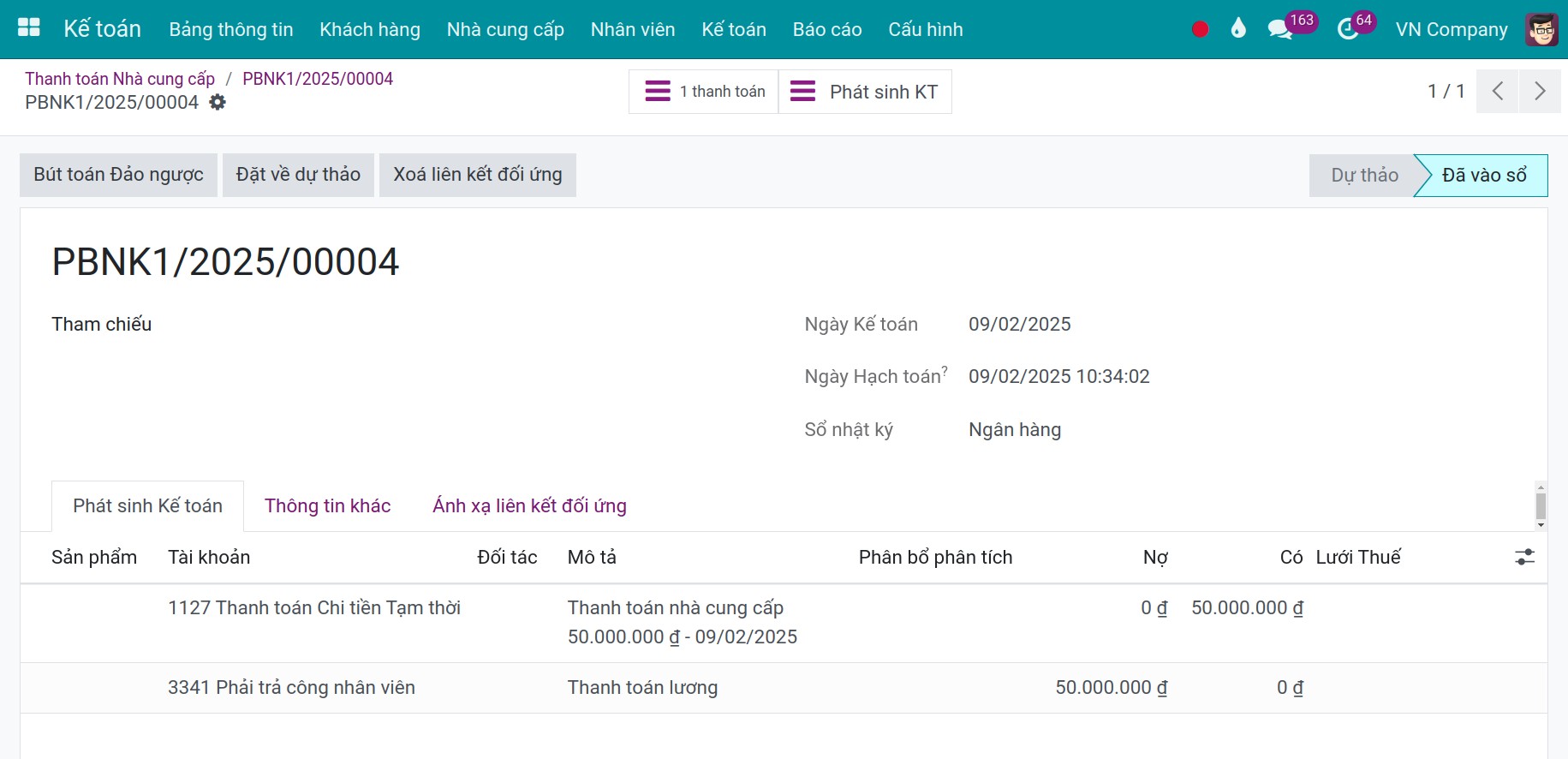 Bút toán thanh toán lương - Viindoo Accounting