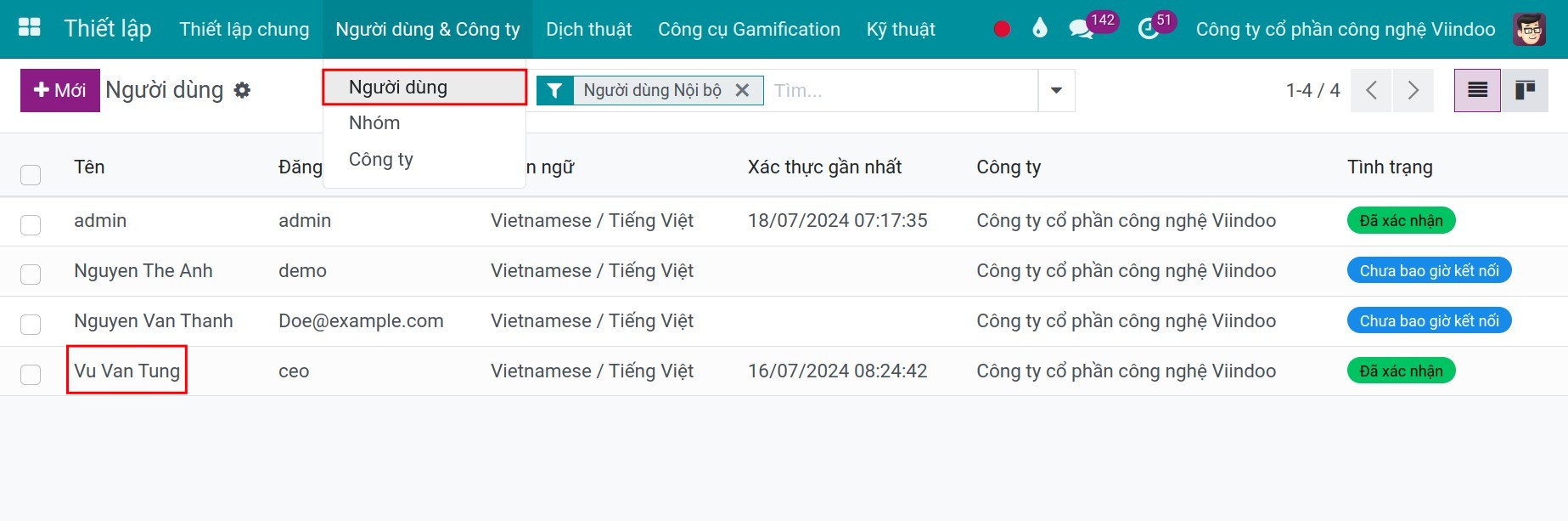 Chọn tài khoản người dùng