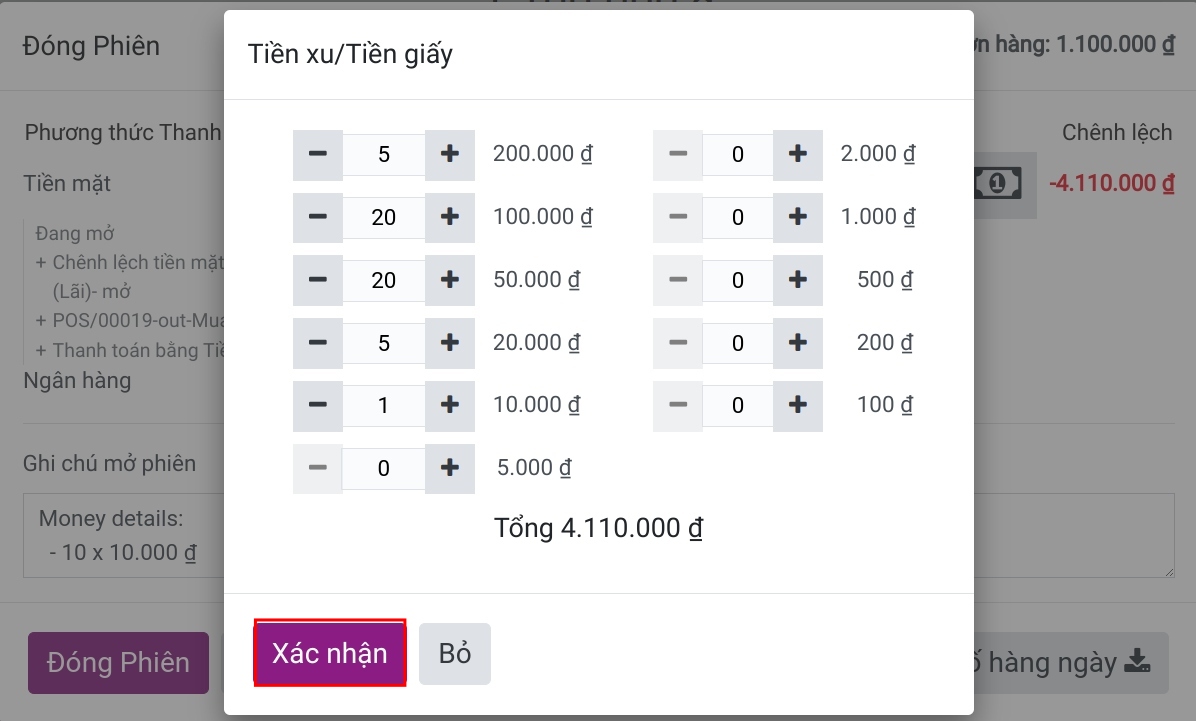 Ghi nhận số lượng và mệnh giá tiền mặt