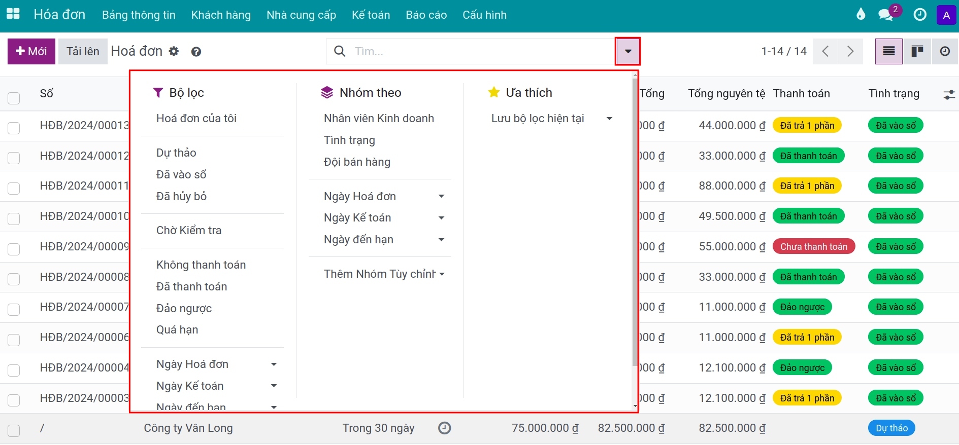 Cách thức tìm kiếm hóa đơn - Phần mềm kế toán Viindoo