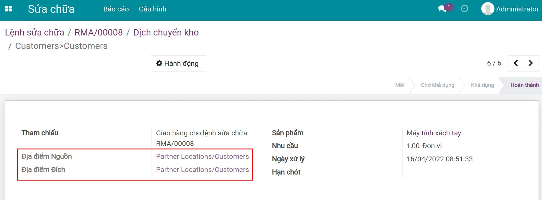 Dịch chuyển kho của lệnh trả hàng.