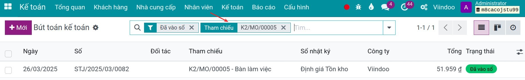 Danh sách các Bút toán Kế toán sinh ra trong hoạt động nhập hàng Viindoo