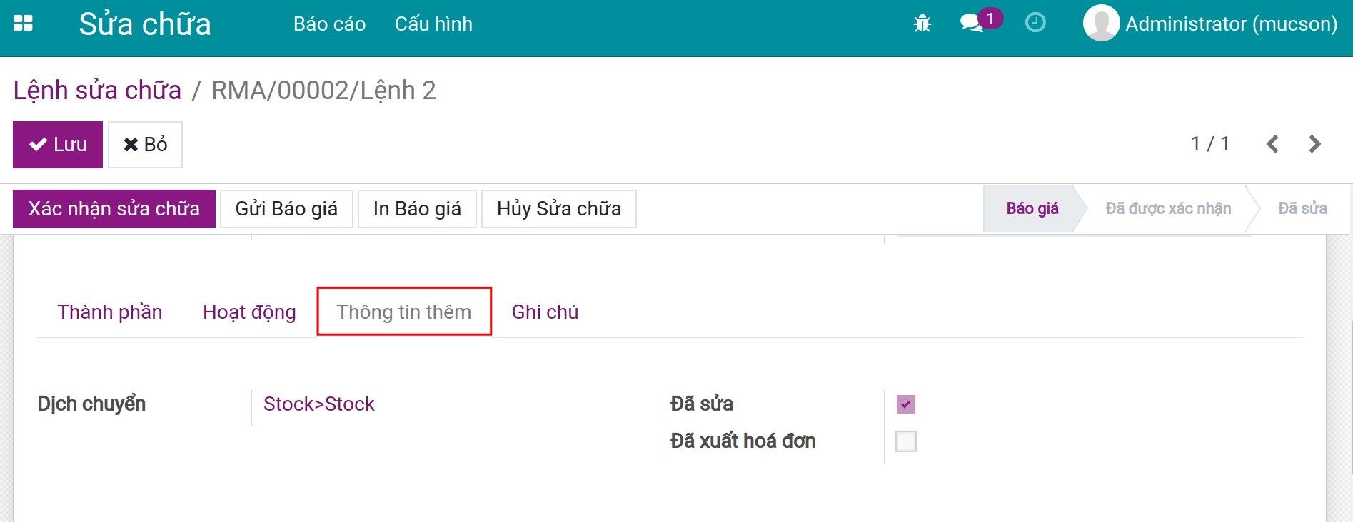 Tab thông tin thêm trên lệnh sản xuất.
