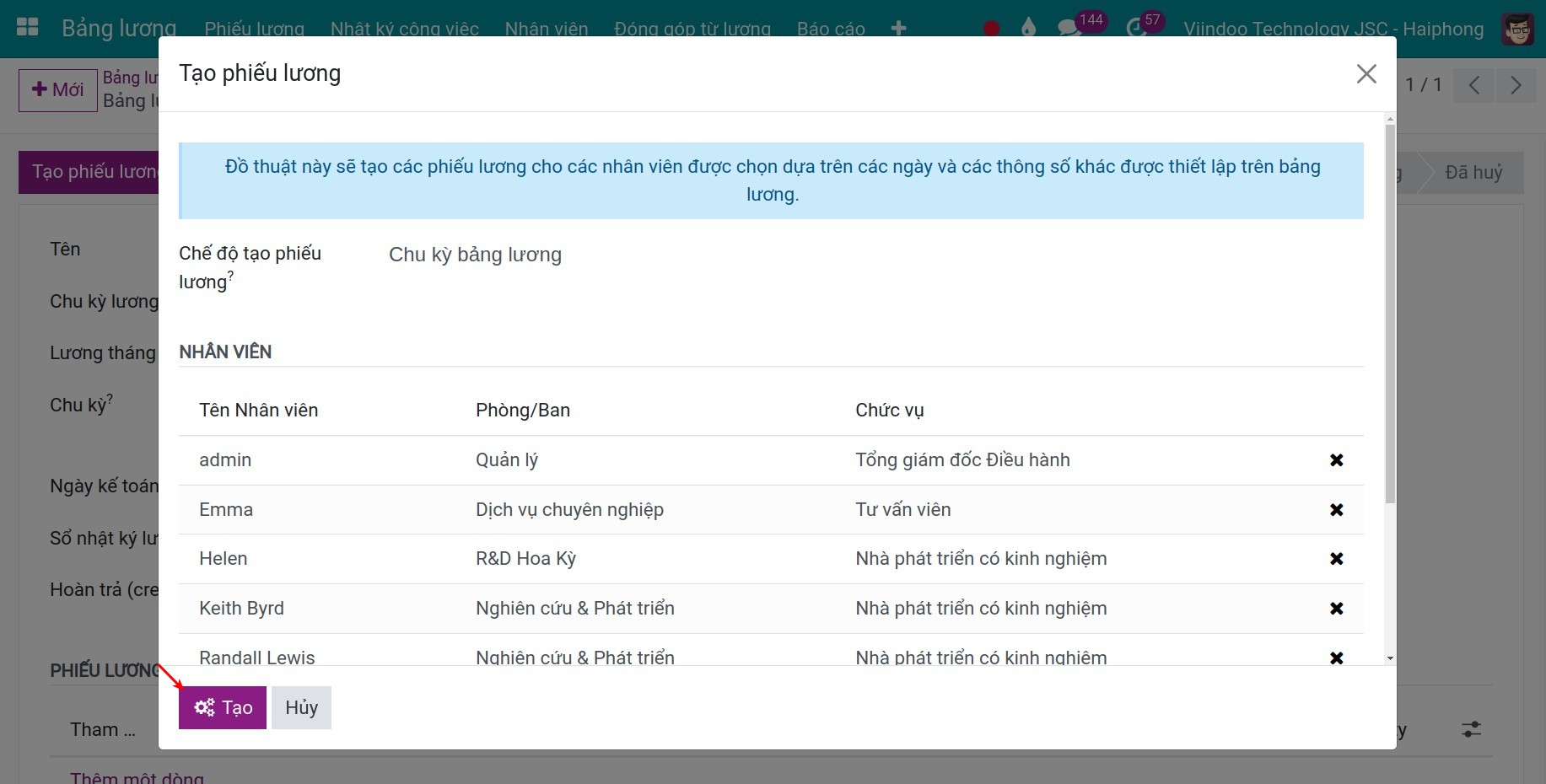 Tạo bảng lương - Phần mềm quản lý tính lương Viindoo