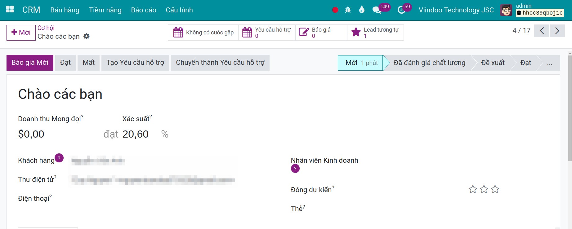 Tiềm năng/Cơ hội tạo từ emails trên ứng dụng crm - viindoo