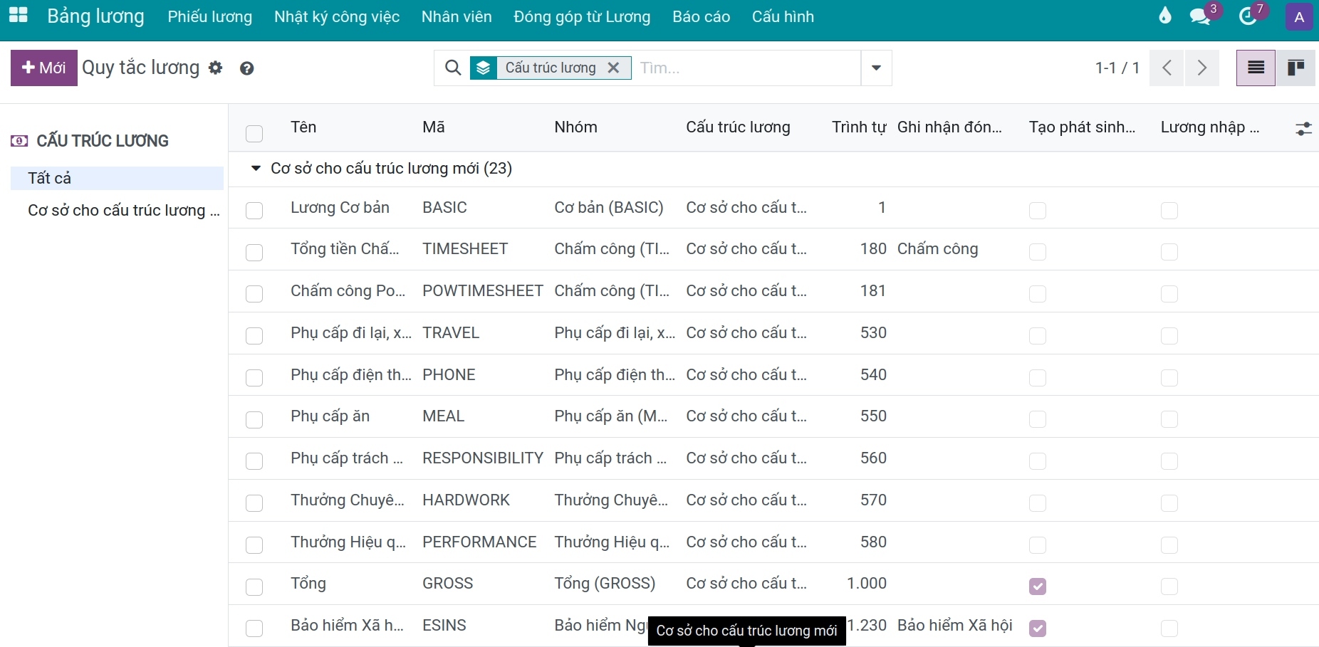 Truy cập danh sách quy tắc lương Bảng lương Viindoo