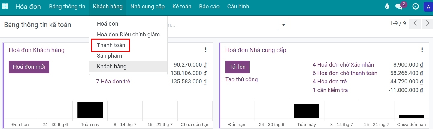Truy cập thanh toán từ menu khách hàng.