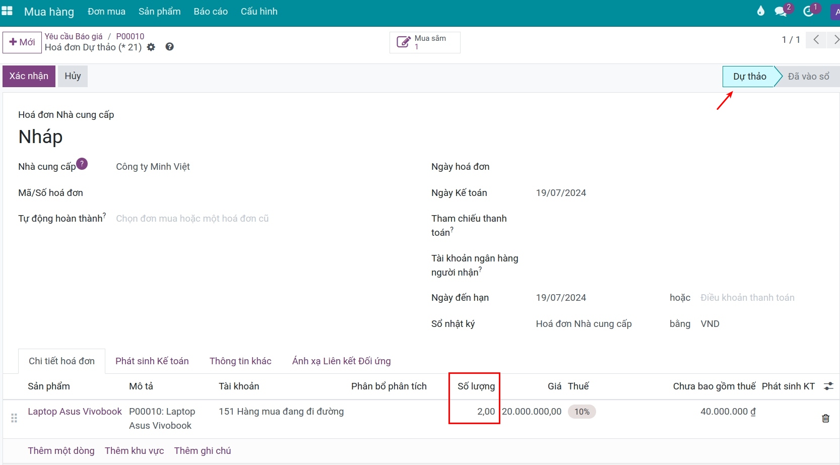 Hóa đơn mua hàng dựa theo số lượng đặt hàng