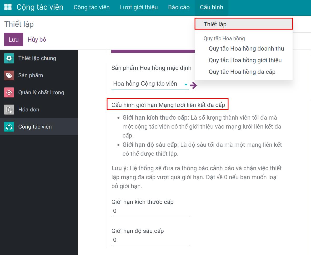 Cấu hình giới hạn Mạng lưới liên kết đa cấp trong ứng dụng Cộng tác viên