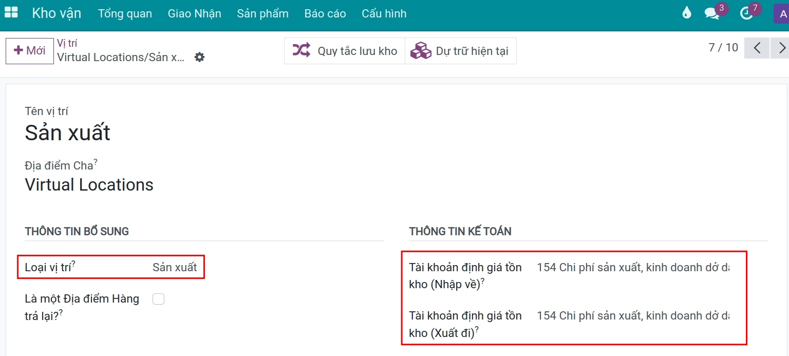 Cấu hình tài khoản kế toán trên địa điểm sản xuất.
