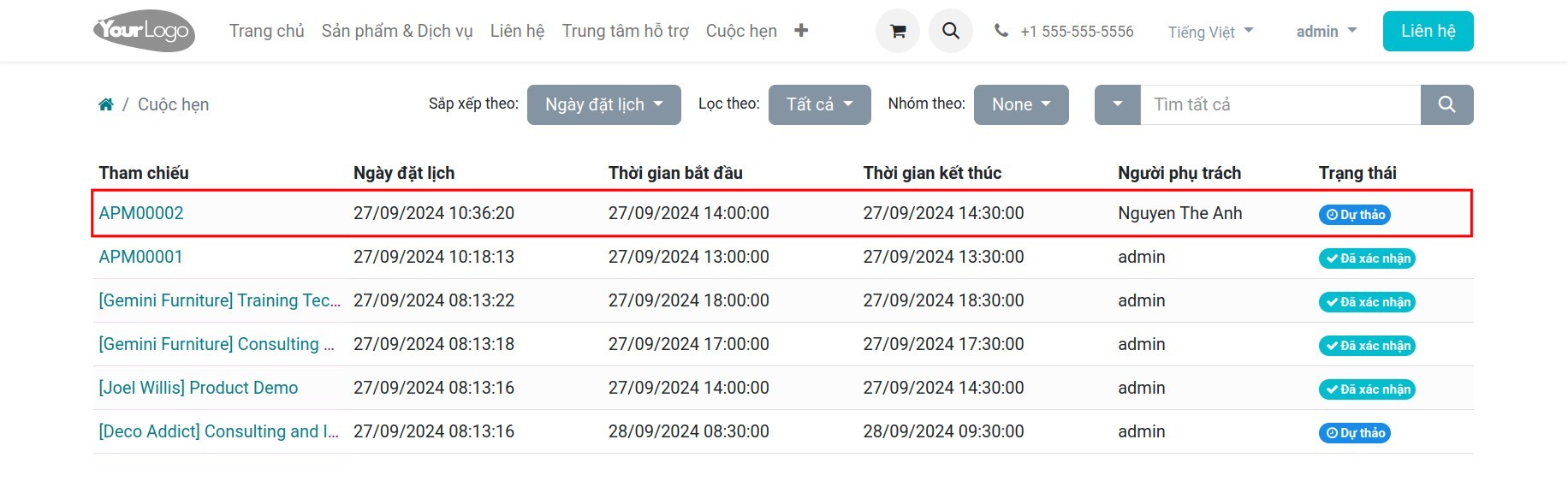 Danh sách lịch hẹn cá nhân trên cổng thông tin