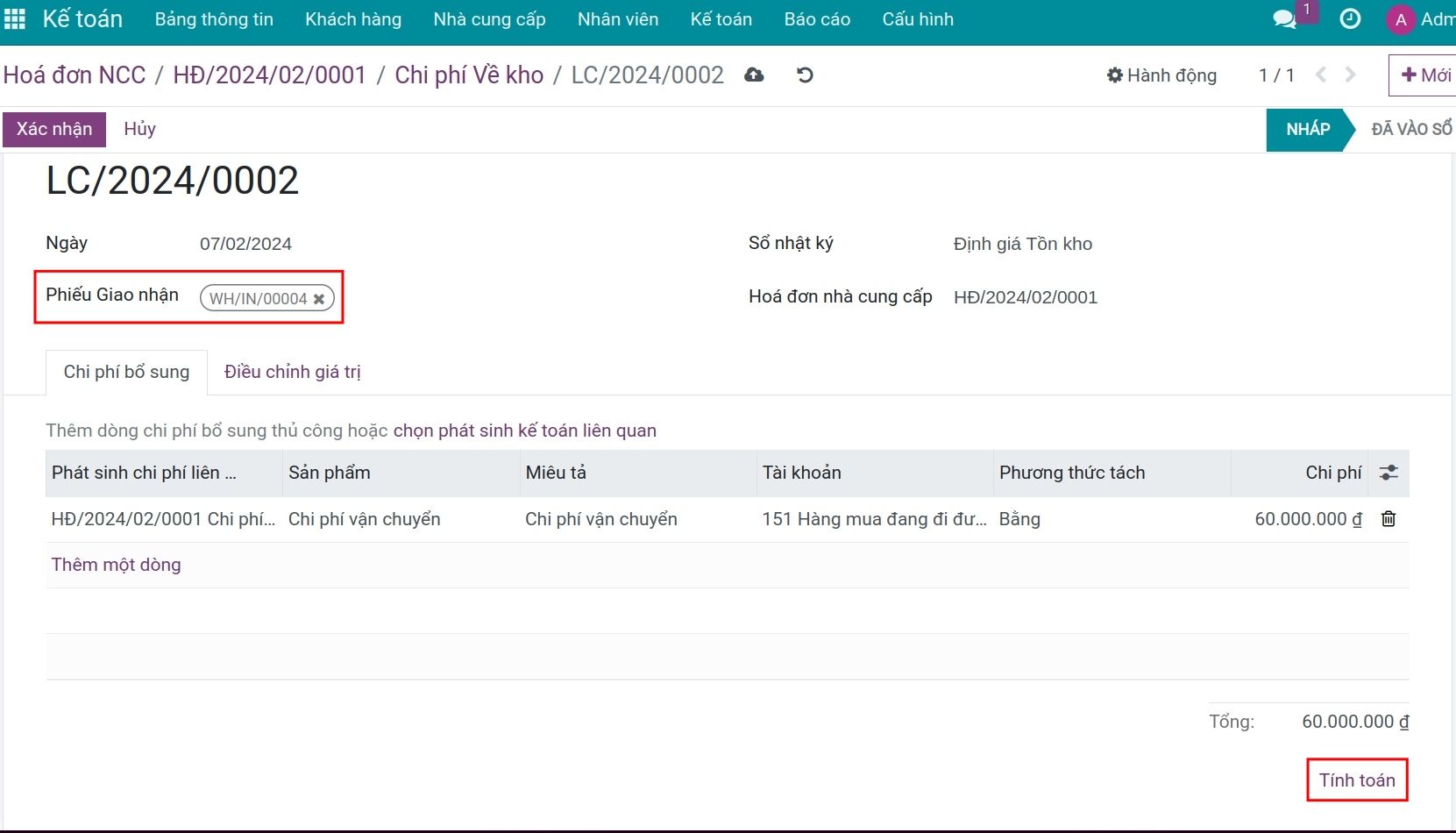 Phân bổ chi phí về kho - Viindoo Accounting