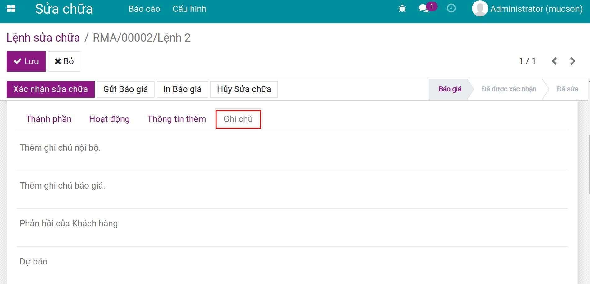 Tab ghi chú trên lệnh sản xuất.
