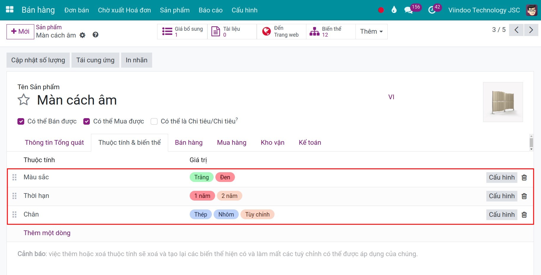 Thiết lập biến thể sản phẩm - Viindoo