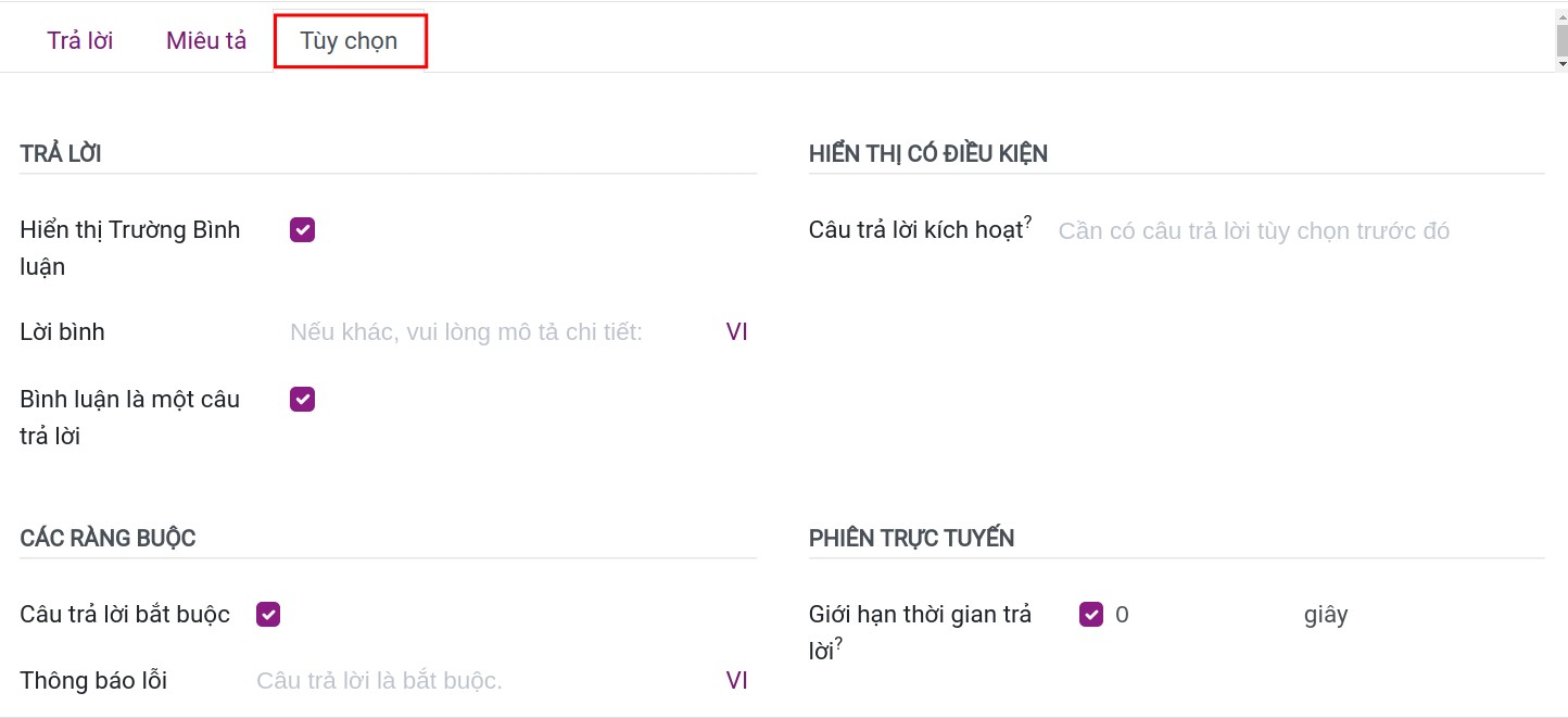 Tùy chọn câu hỏi
