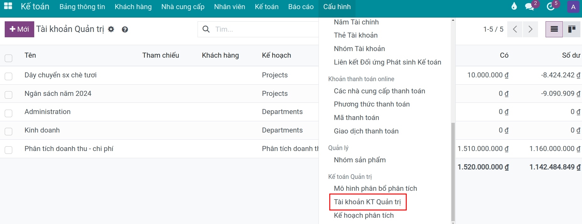 Xem tài khoản quản trị - Kế toán Viindoo