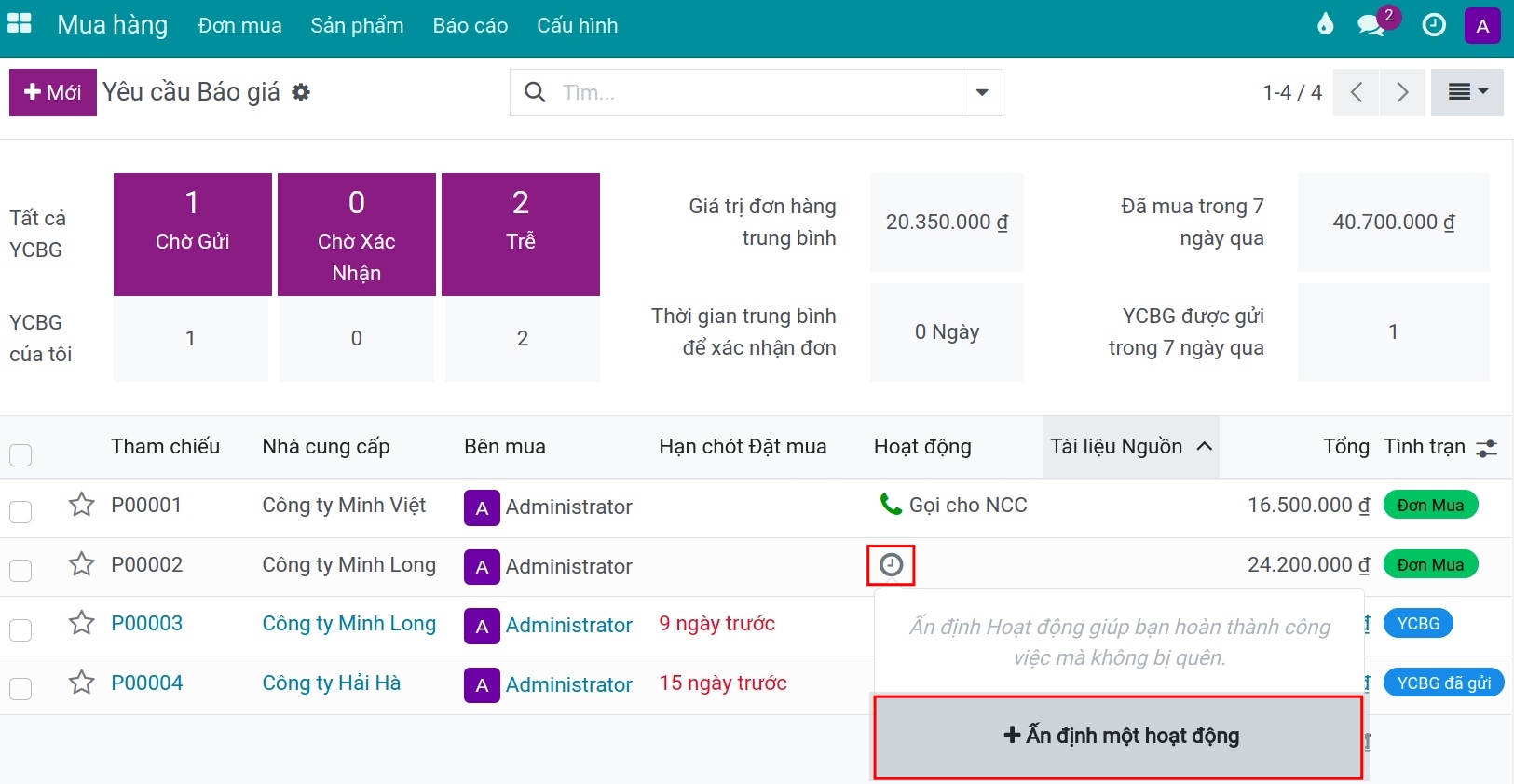 Tạo ấn định hoạt động tại giao diện tổng quan phần mềm quản lý mua hàng ERP Viindoo