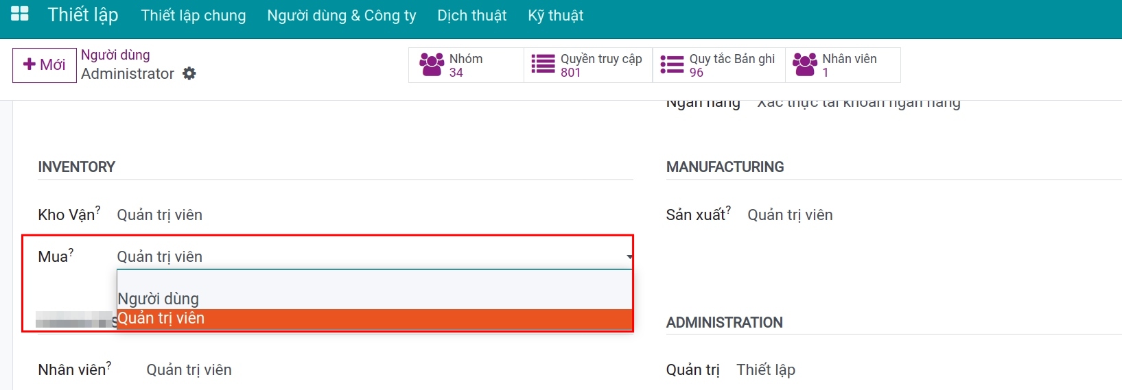 Thiết lập phân quyền cho quy trình quản lý mua hàng trong ERP Viindoo