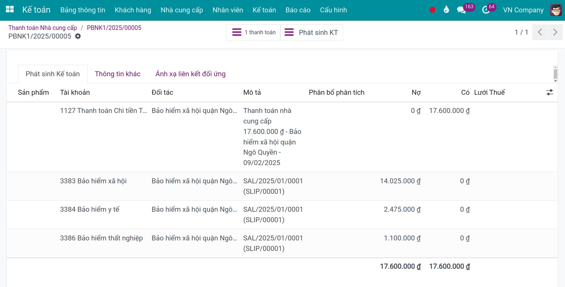Bút toán thanh toán bảo hiểm - Viindoo Accounting