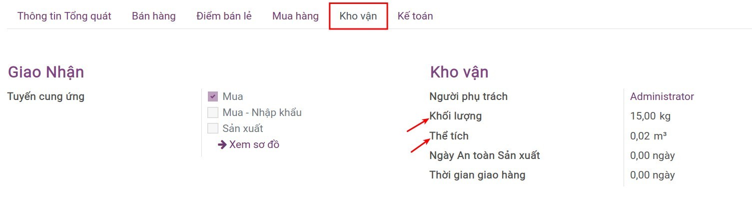 Cấu hình khối lượng/thể tích cho sản phẩm - Viindoo Accounting