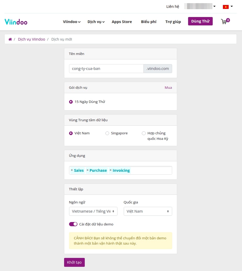 Giao diện khởi tạo instance Viindoo