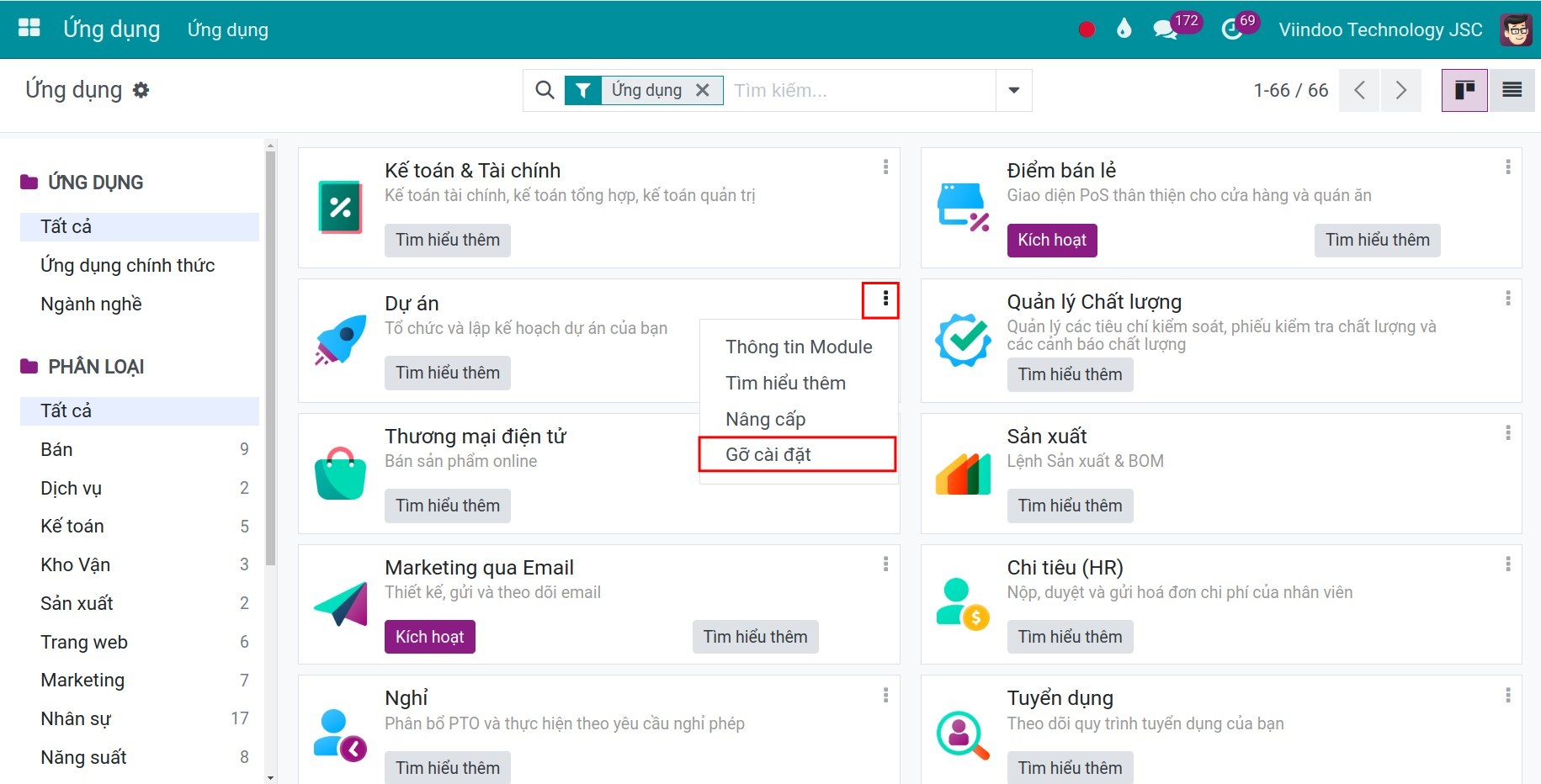 Gỡ cài đặt ứng dụng Viindoo