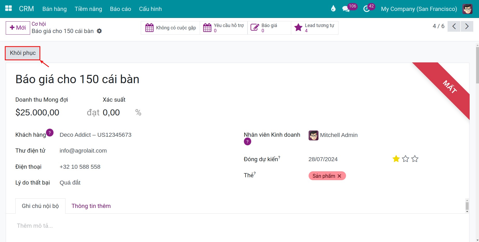 Khôi phục cơ hội thất bại CRM - Viindoo