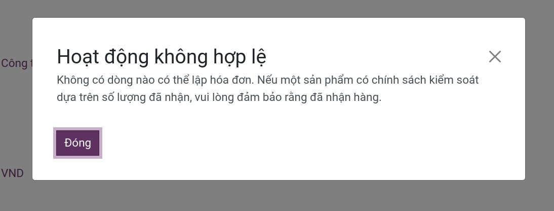 Cảnh báo khi ấn xuất hóa đơn theo số lượng đã nhận