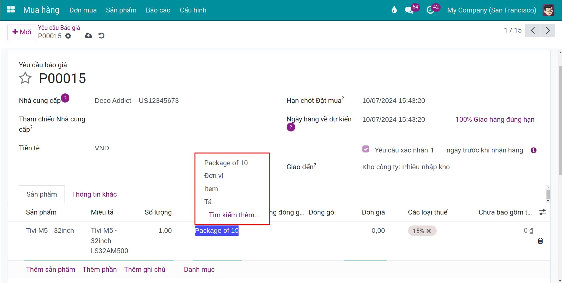 Chọn đơn vị tính trên đơn mua trong Phần mềm quản lý Kho vận của Viindoo.