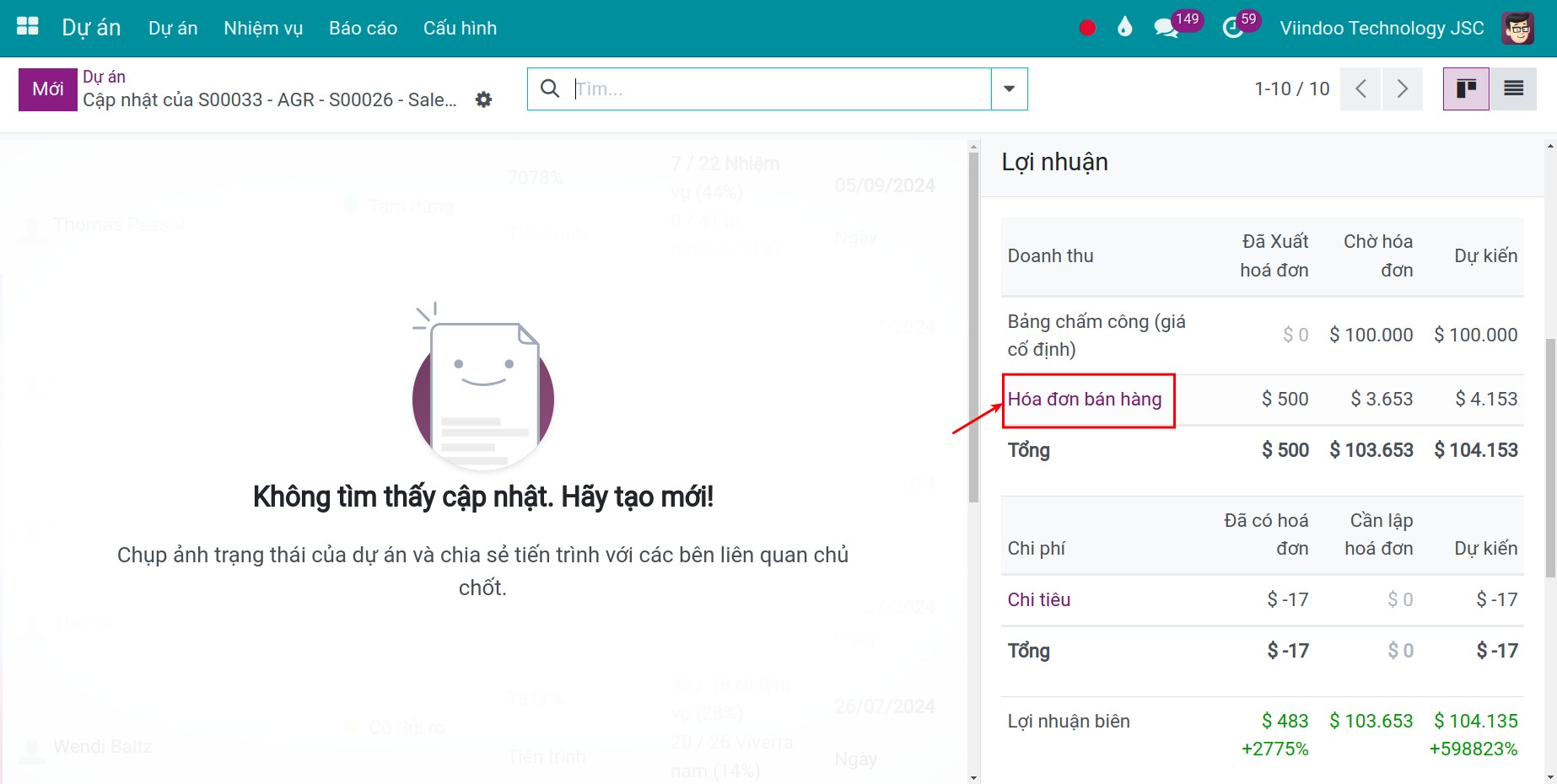 Giao diện xem lợi nhuận