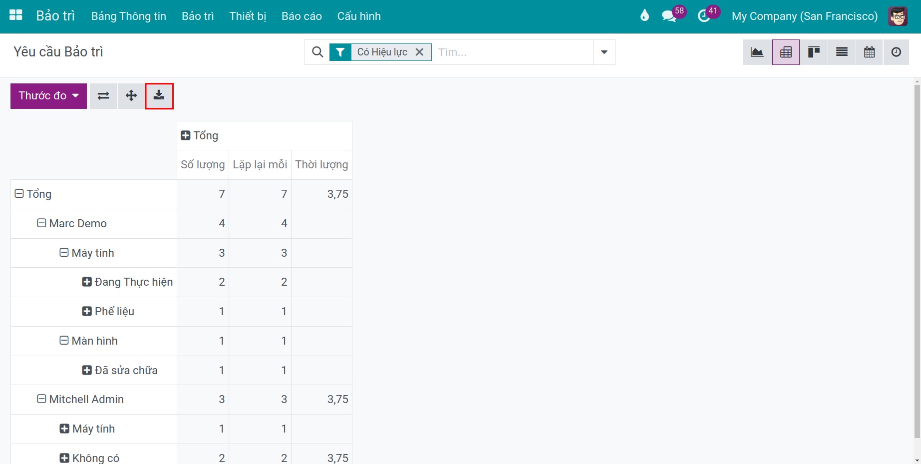 Tải báo cáo dạng xuống dạng excel