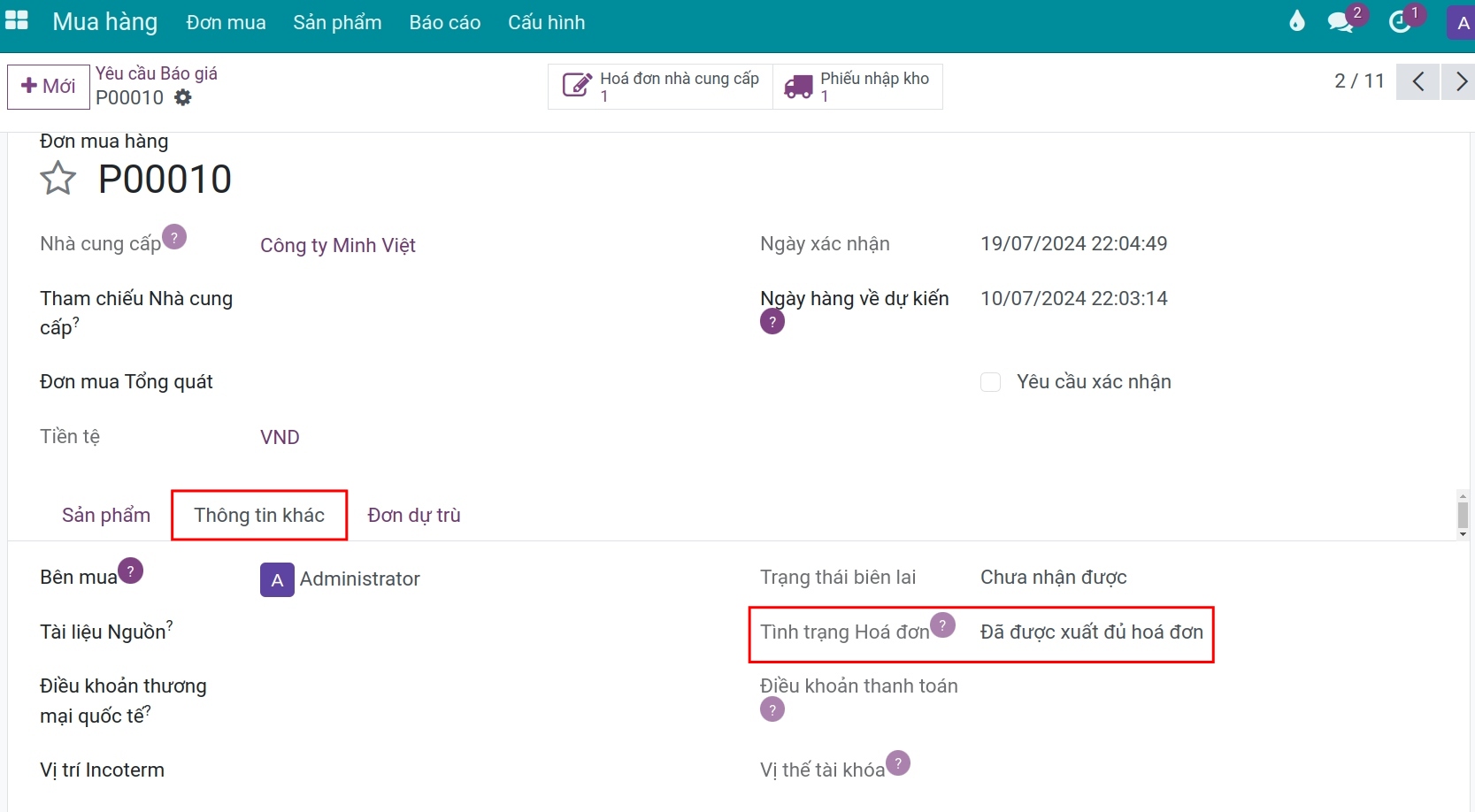 Theo dõi tình trạng hóa đơn trên đơn mua Viindoo