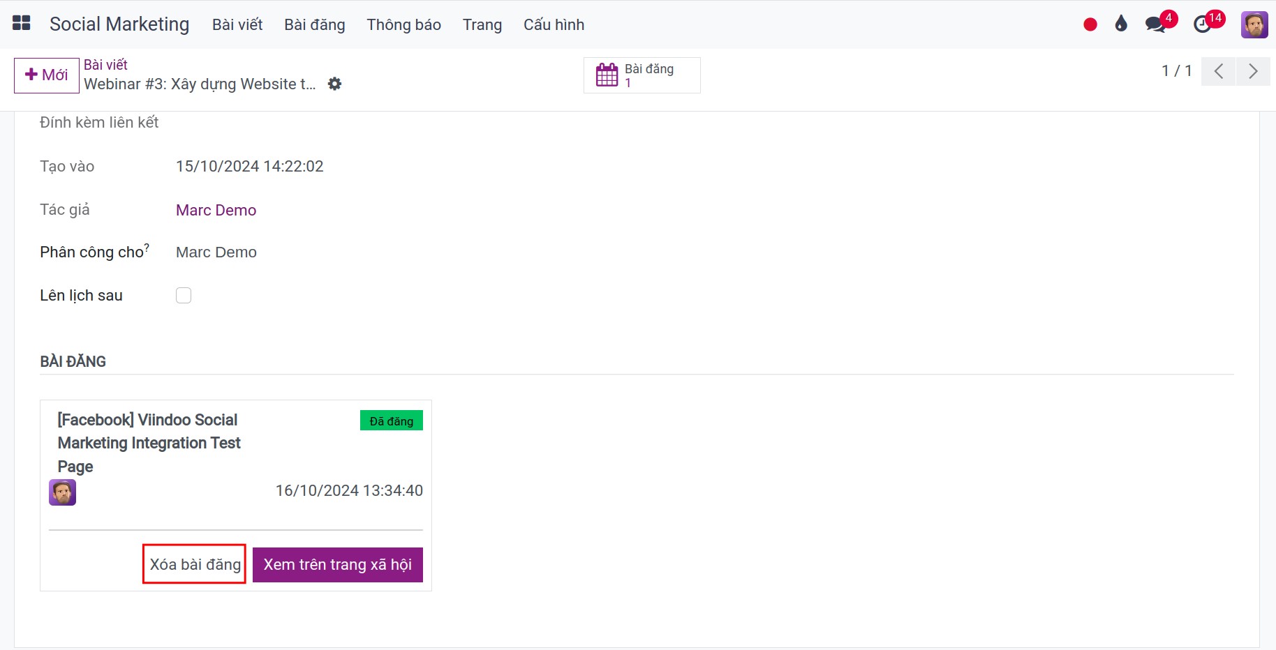 Xóa bài đăng tại ứng dụng Social Marketing Viindoo