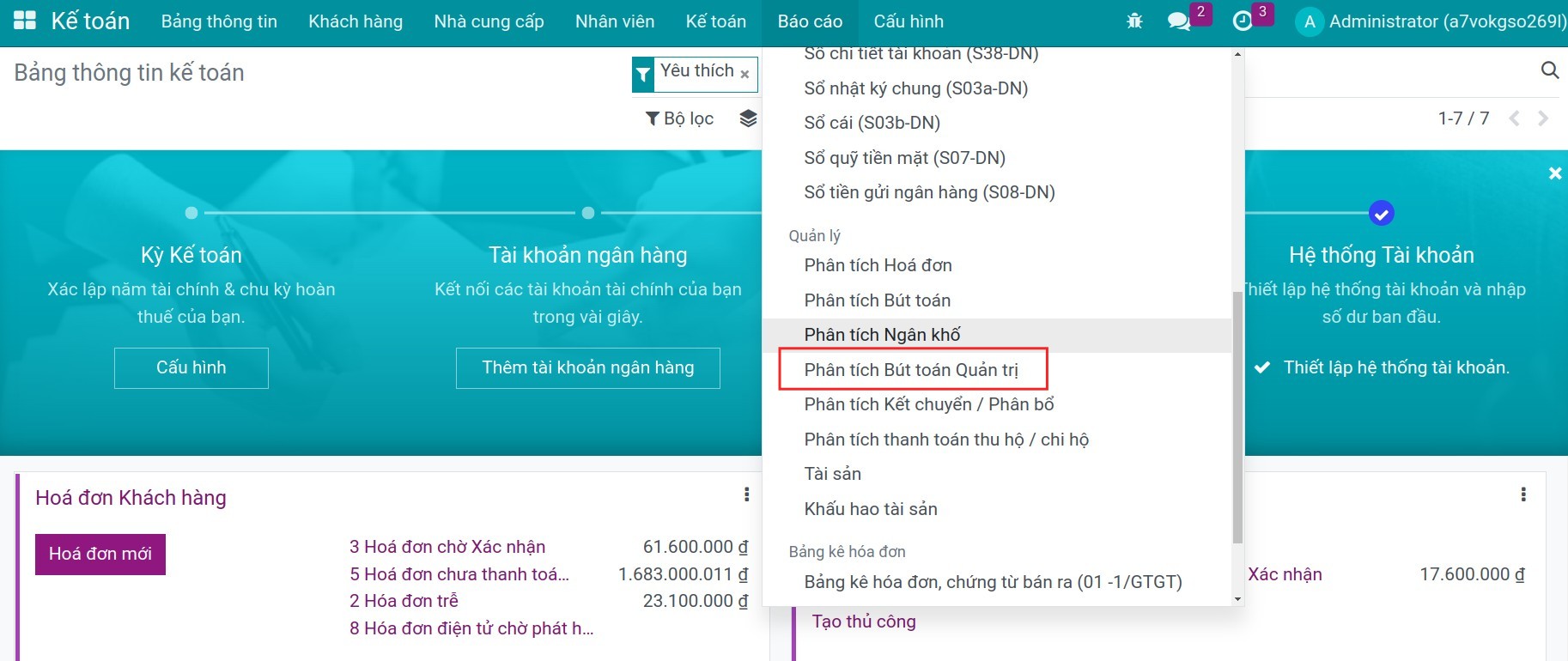 Xem tài khoản quản trị - Kế toán Viindoo