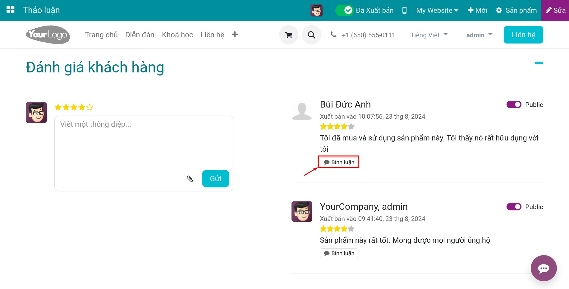 Phản hồi lại đánh giá sản phẩm của khách hàng