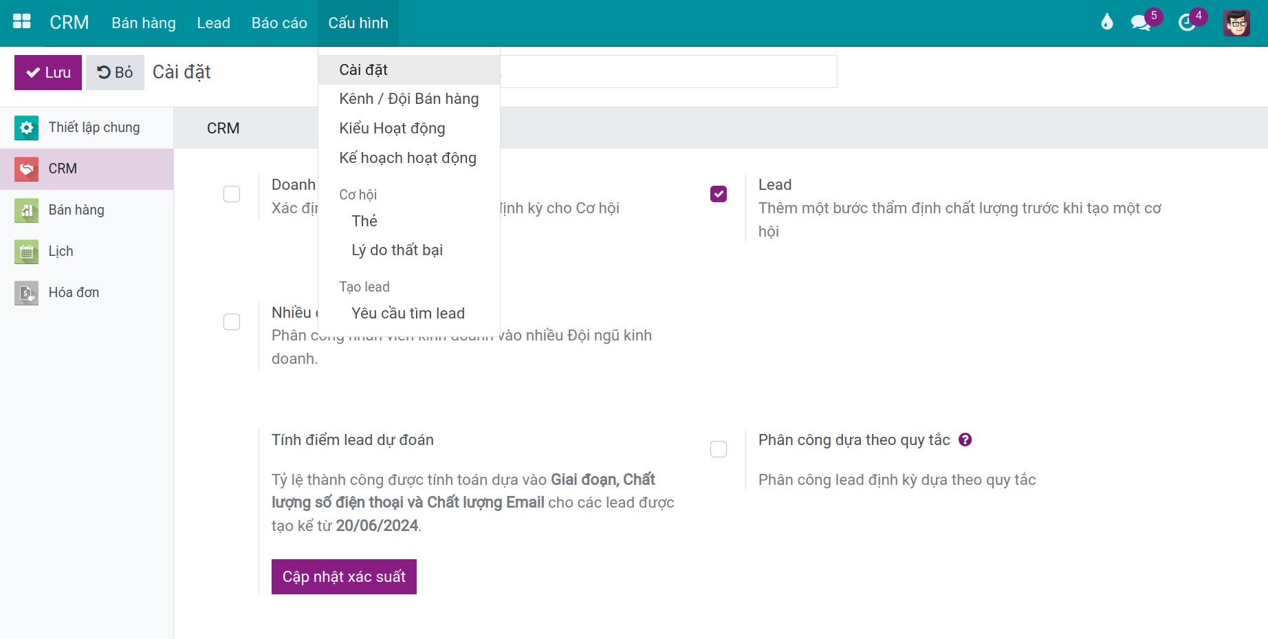 Cấu hình trên phần mềm CRM