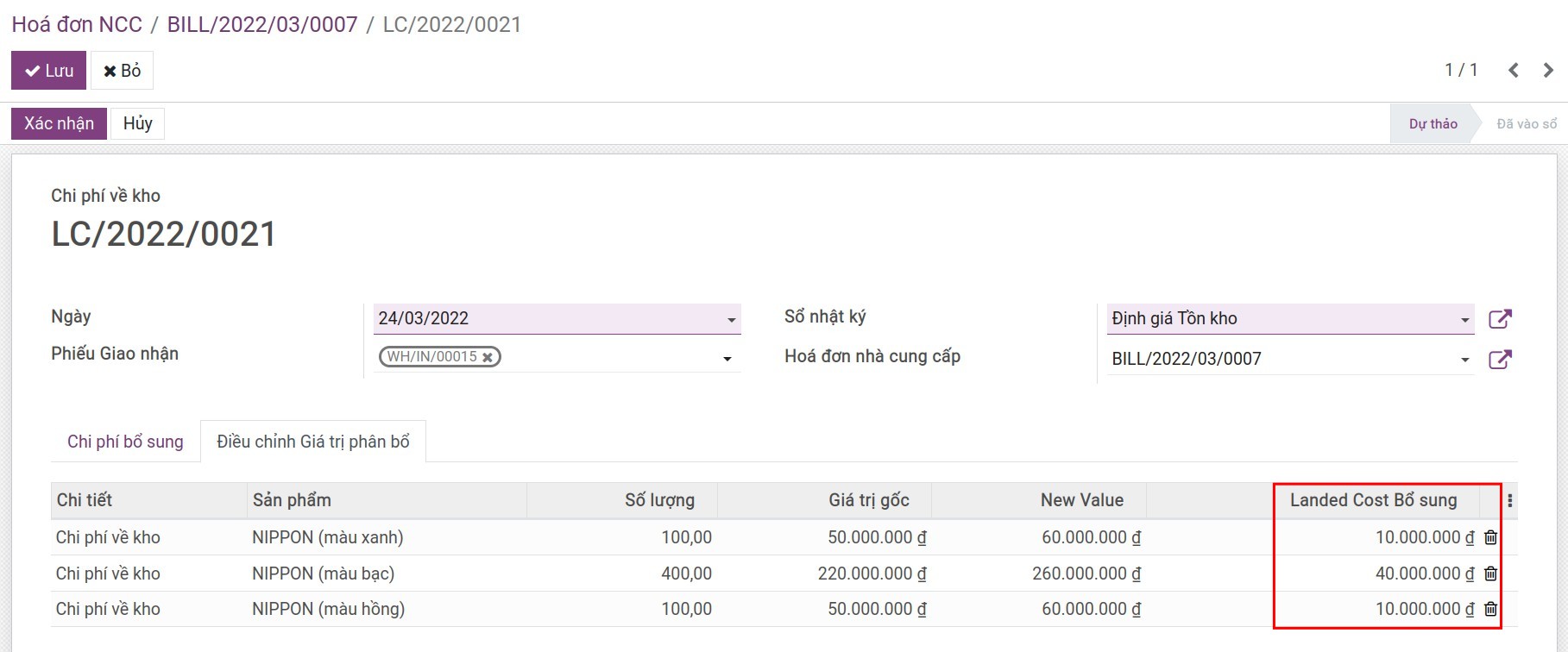 Phân bổ chi phí về kho theo số lượng - Viindoo Accounting