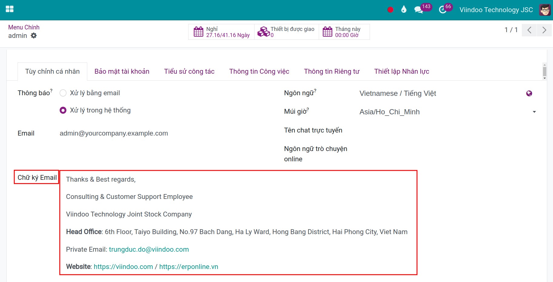 Chữ ký enail trong Viindoo