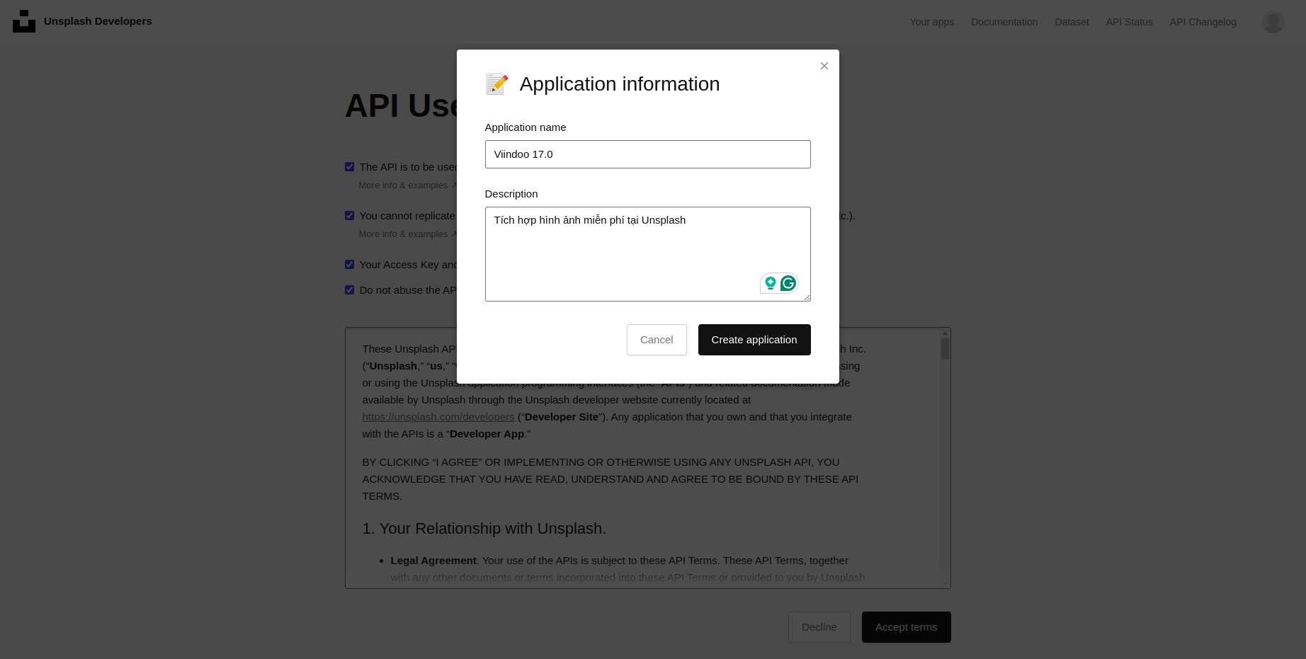 Create new application trong Unsplash