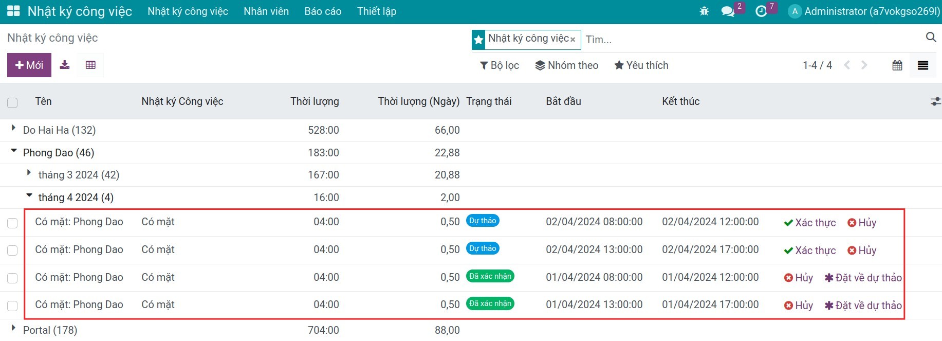 Nhật ký công việc được sinh từ chấm vào/ra